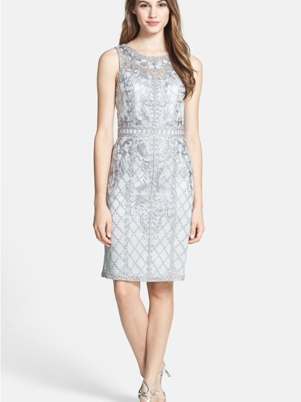 Sue Wong Silver-Gray Embroidered Midi Sheath Dress